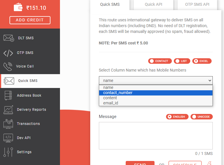 Adding contacts at the Quick SMS section of Fast2SMS