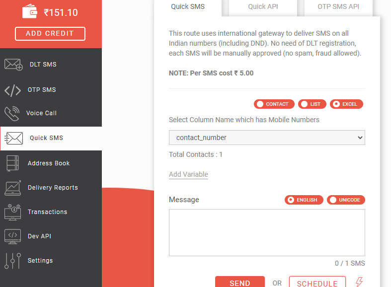 adding excel to Quick SMS at Fast2SMS