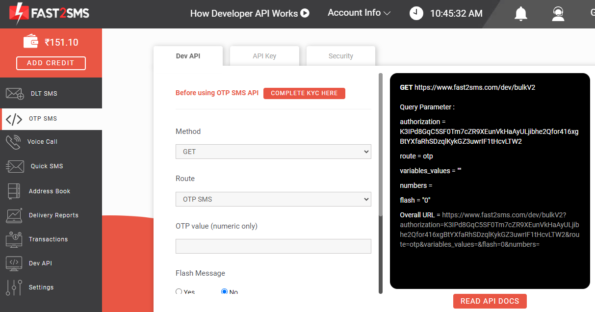 DEV API section Fast2SMS