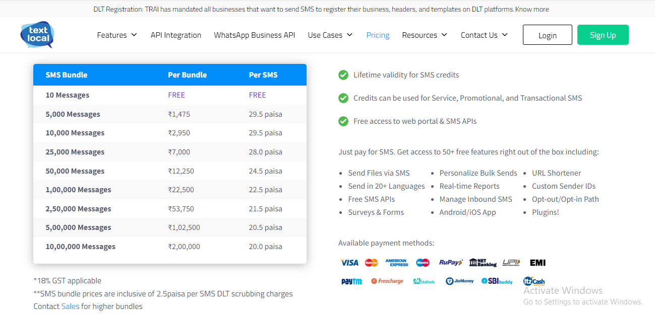 Text local pricing list