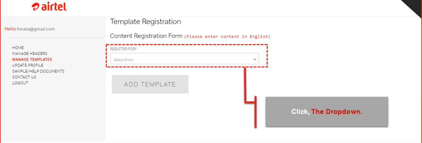 1st step for content template registration at Airtel