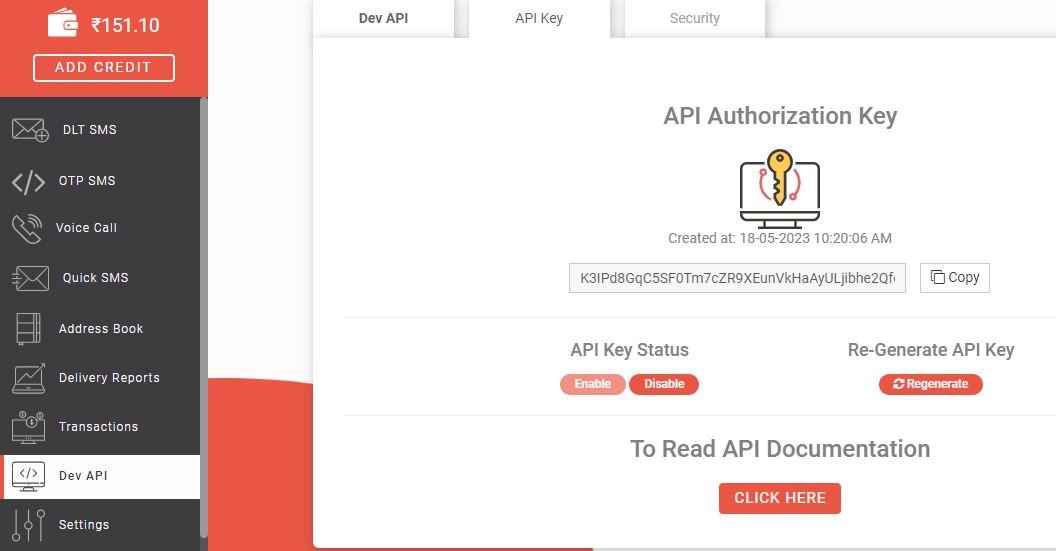 API key for authorization to send bulk SMS via API