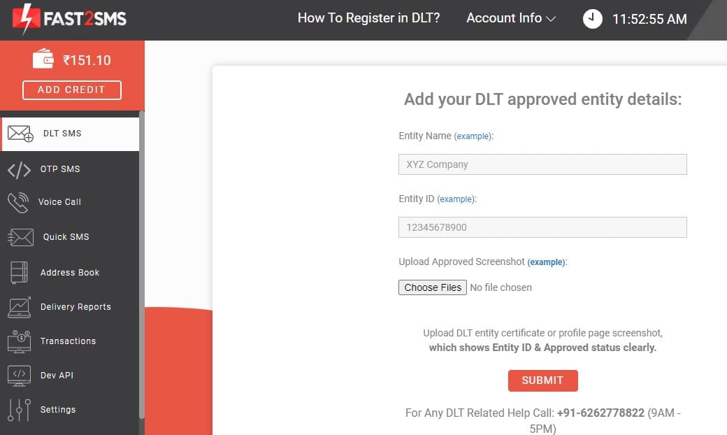 adding details at Fast2SMS DLT SMS section