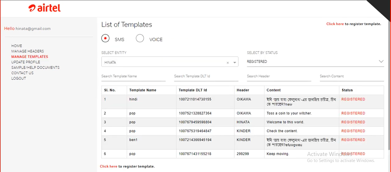 content template registration at Airtel