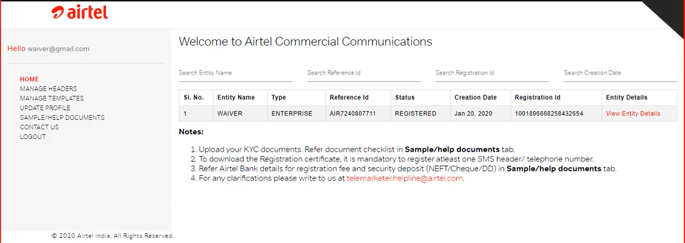 manage template section on Airtel DLT