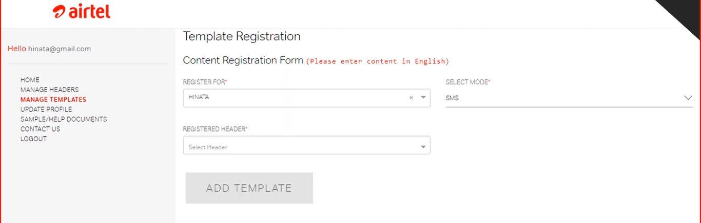 mode and header selection for content template registration at Airtel