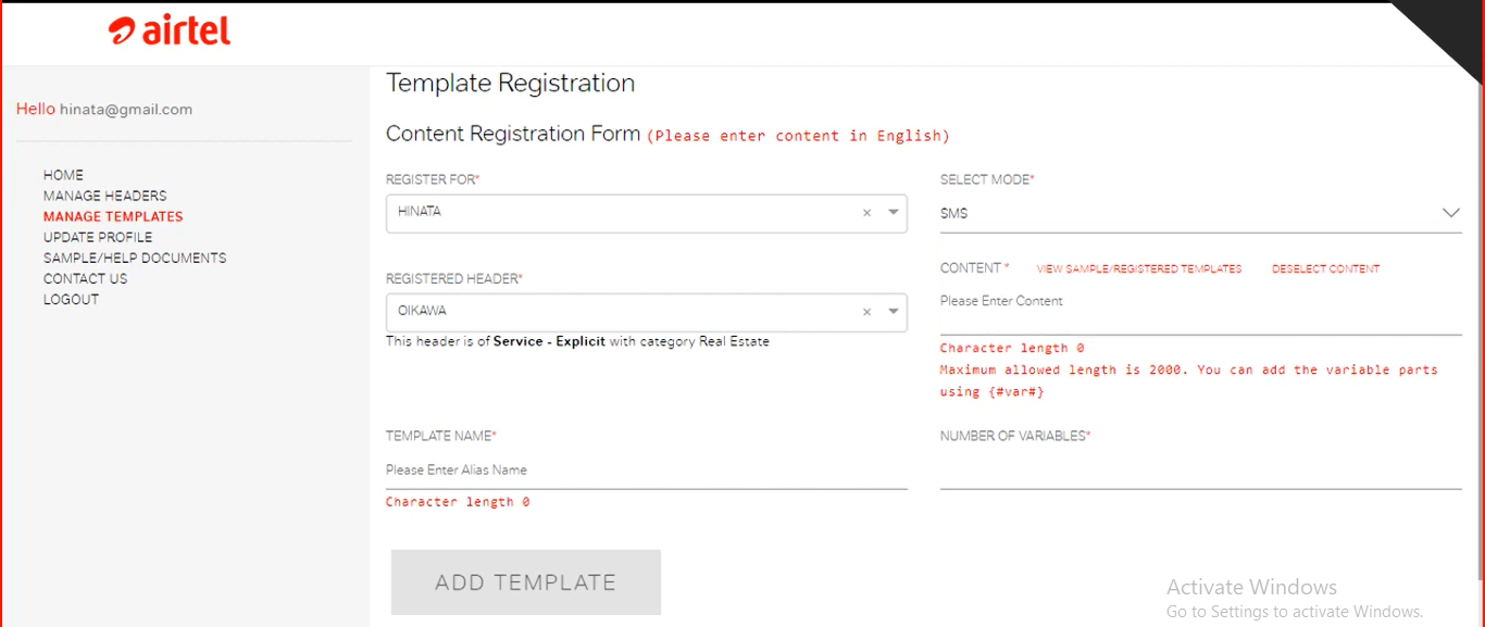 name and content of the content template at airtel