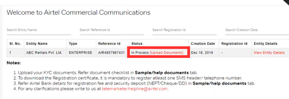 upload documents at airtel DLT process