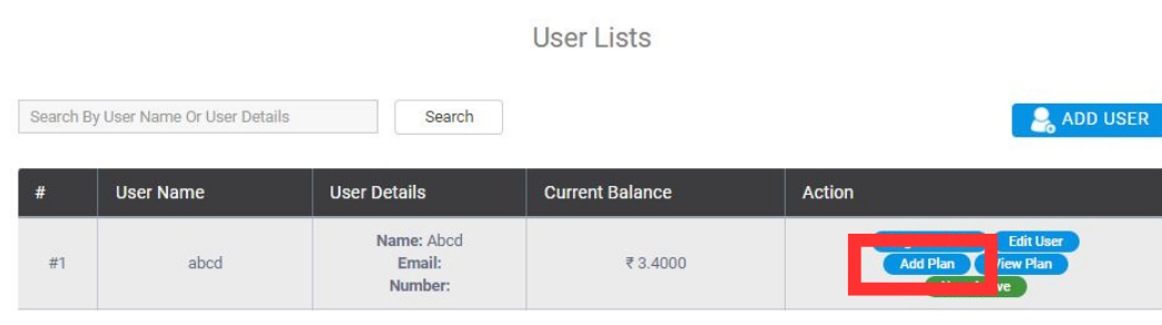 Fast2SMS resellers' Manage user- add plan