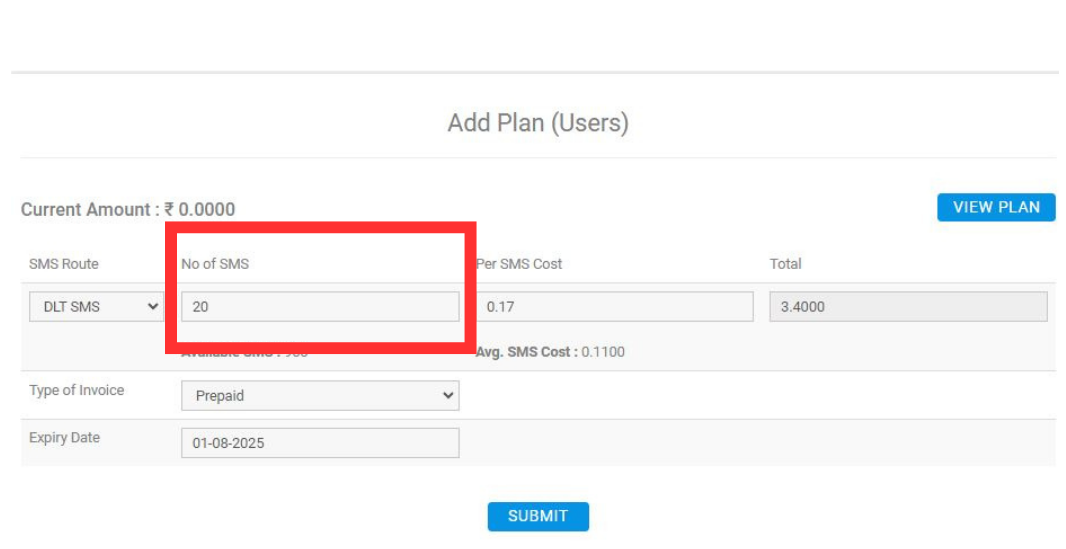 Fast2SMS resellers' no. of SMS of view plan