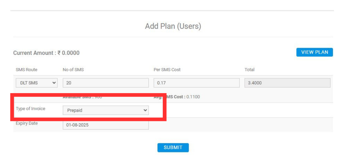 Fast2SMS resellers' type of invoice of view plan