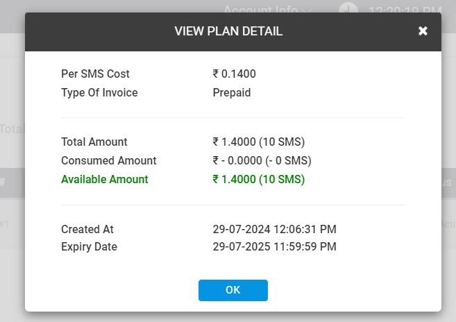 View plan details section of Fast2SMS reseller panel