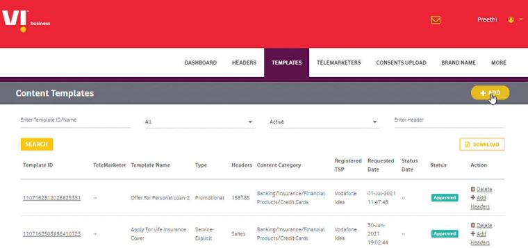add template at vodafone content template